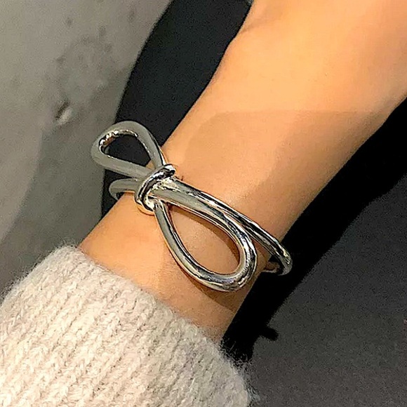 Bow Tie Knot Sterling Silver Bangle Cuff Bracelet - Picture 4 of 6